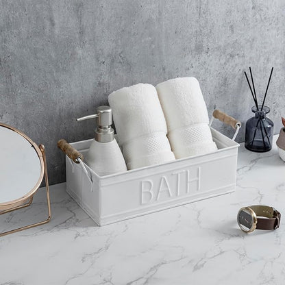 MyGift Vintage Bronze Metal Rectangular Storage Basket with Wooden Handles, Bathroom Toiletries Holder, Organizer Bin with Embossed Bath Label - Handcrafted in India (White)