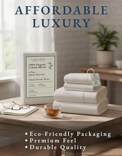 LANE LINEN 100% Organic Cotton Queen Sheet Set, 4Pc Cotton Sheets Queen Size Bed Set, Soft Percale Weave, Deep Pocket Queen Sheets, Hotel-Quality Bed Sheets Queen Size - Glacier Grey