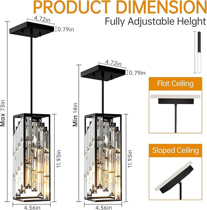 Black Pendant Lights Kitchen Island 1 Pack, Mini Crystal Chandeliers, Modern Pendant Lights Ceiling Lighting Fixtures for Kitchen Island, Dinning Room, Bedroom