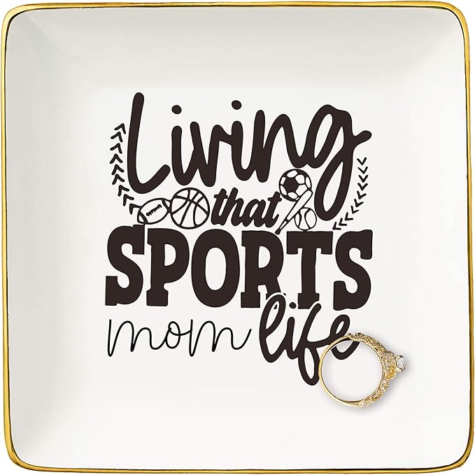 Mother's Day,Birthday,New Year,Christmas Gifts for Sports Mom-Ceramic Jewelry Tray Trinket Holder Ring Dish-Exercise Women Gift-Mommy Life-Mother Present from Daughter Son-Living That Sports Mom Life