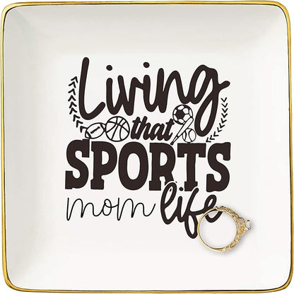 Mother's Day,Birthday,New Year,Christmas Gifts for Sports Mom-Ceramic Jewelry Tray Trinket Holder Ring Dish-Exercise Women Gift-Mommy Life-Mother Present from Daughter Son-Living That Sports Mom Life
