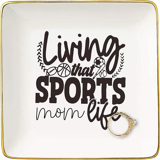 Mother's Day,Birthday,New Year,Christmas Gifts for Sports Mom-Ceramic Jewelry Tray Trinket Holder Ring Dish-Exercise Women Gift-Mommy Life-Mother Present from Daughter Son-Living That Sports Mom Life
