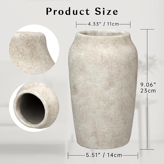 Briful 9.06'' Large Ceramic Rustic Vase Shabby Vintage Textured Vase, 4.33'' Wide Mouth Pampas Vases for Fake Flowers Branches, Farmhouse Home Décor, Weddings Shelf Table Decor,Heige