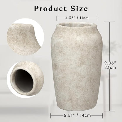 Briful 9.06'' Large Ceramic Rustic Vase Shabby Vintage Textured Vase, 4.33'' Wide Mouth Pampas Vases for Fake Flowers Branches, Farmhouse Home Décor, Weddings Shelf Table Decor,Heige