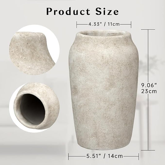 Briful 9.06'' Large Ceramic Rustic Vase Shabby Vintage Textured Vase, 4.33'' Wide Mouth Pampas Vases for Fake Flowers Branches, Farmhouse Home Décor, Weddings Shelf Table Decor,Heige