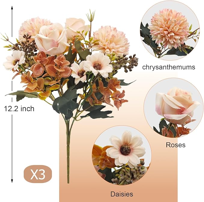 3 Pcs Fall Flowers Artificial Mums Silk Fake Mums Bouquet Faux Floral Arrangements Home Indoor Outdoor Planter Decor Party Wedding Table Autumn Decoration (Champagne)