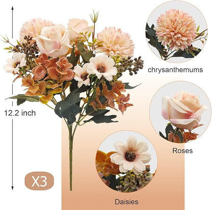3 Pcs Fall Flowers Artificial Mums Silk Fake Mums Bouquet Faux Floral Arrangements Home Indoor Outdoor Planter Decor Party Wedding Table Autumn Decoration (Champagne)
