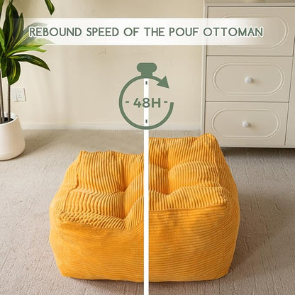 HIGOGOGO Square Stuffed Pouf Ottoman, Corduroy Poufs with Foam Chunk Filling, Furry and Fluffy Pouf Foot Stool Storage Ottoman, 21 X 21 Floor Poufs Foot Rest for Living Room, Orange