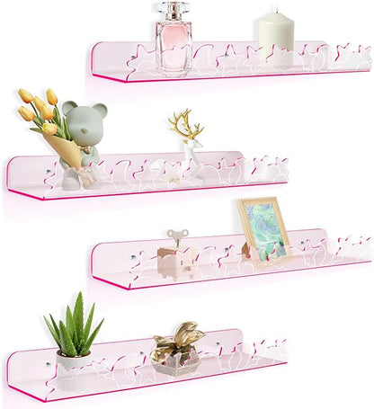 Floating Shelves for Wall,4 Pack 15.7’’x 3.5’’Adhesive Acrylic Shelves Organizer for Book Toy Photo Makeup,Wall-Mounted Kids Storage for Bathroom,Bedroom,Nursery,Pink Star and Moon