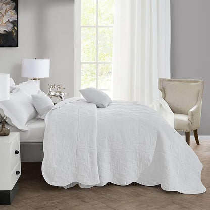HZ & HY Queen Size Bedspread, Quilted Coverlet Bedding Set, Lightweight Thin Comforter, Reversible, Luxurious, 5 Piece, 100% Microfiber, Queen, White