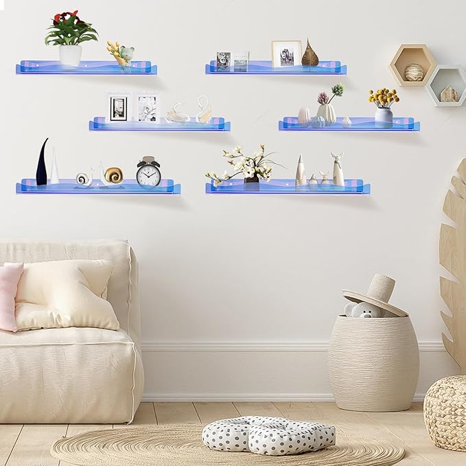 4Pack Acrylic Wall Shelf Organizers 15Inch Floating Shelf for Wall Decor Bookshelf for Kids Modern Iridescent Wall Mount Shelf (4, Iridescent)