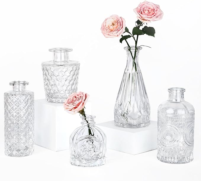Glass Bud Vase Set of 5, Small Clear Flower Vases for Centerpieces in Bulk, Mini Vintage Vase for Wedding Decor, and Home Table Décor