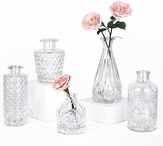 Glass Bud Vase Set of 5, Small Clear Flower Vases for Centerpieces in Bulk, Mini Vintage Vase for Wedding Decor, and Home Table Décor