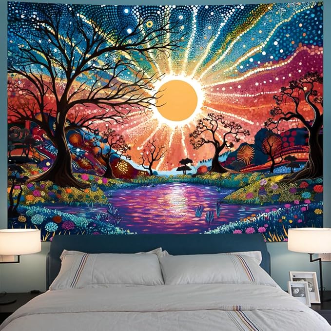 Serborlur Tree of Life Tapestry Trippy Sun Forest Tapestries Colorful Starry Sky Tapestries Hippie Nature Landscape Wall Tapestry Aesthetic Vintage Wall Hanging for Bedroom (51.2" × 59.1")