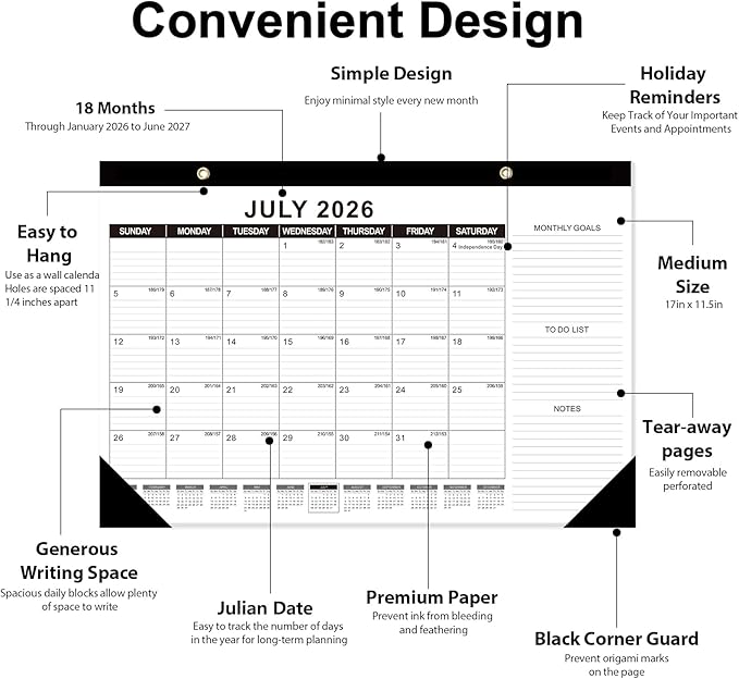 GuassLee Desk Calendar 2026-2027 - 18 Months Calendar 17" × 11.5" Desk Calendar from Jan. 2026 to Jun. 2027 with Julian Date, Monthly Goals, To-do List, Notes for Home School Office