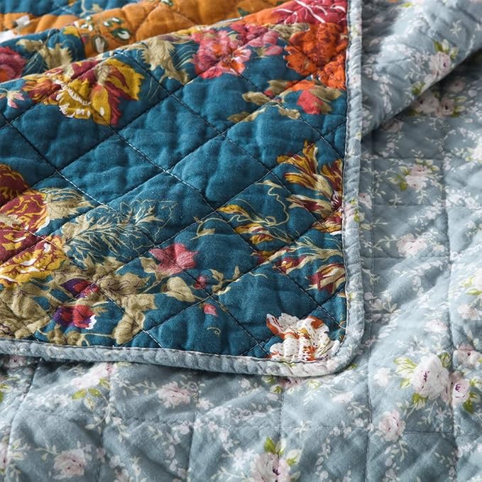 Cotton Bedspread Quilt Sets Reversible Bedding Coverlet Sets 3 Pieces Paisley Vintage Floral Yellow Blue Patchwork Bedspread, King Size