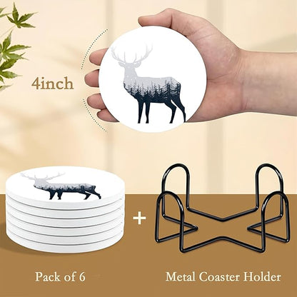 Drink Coasters with Holder,6 Pcs Deer Misty Forest Absorbent Ceramic Coasters with Cork Base,Cute Funny Table Drinks Coasters,Table Home Decor,4 Inches