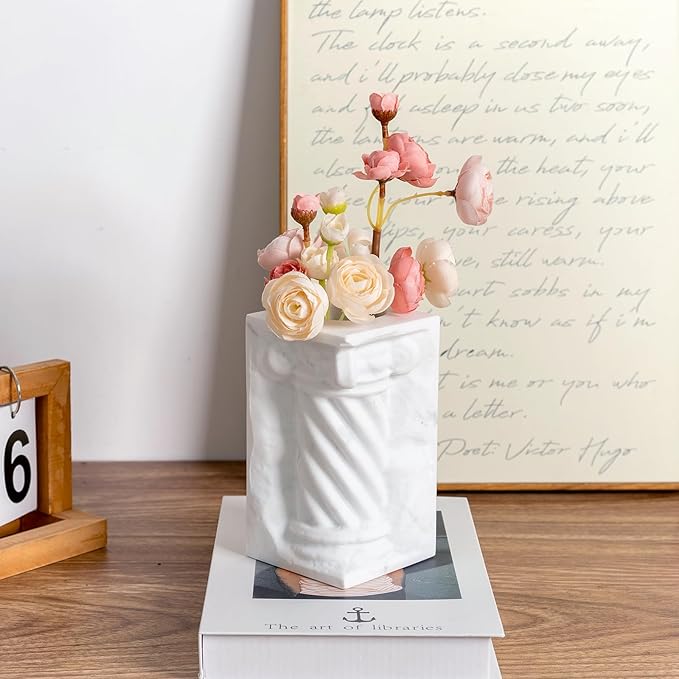 BCS Marble Pencil Pen Holder Stand for Desk, Luxury Makeup Brush Holders, Elegant Roman column Desk Pen Organizer, Unique Versatile Pencil Cup for Office, School, Home Decor - Mini Vase(White)