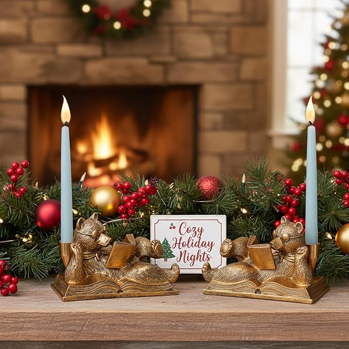 Gold Animal Candle Holders - Bear Set of 2 Vintage Rustic Pedestal Candlesticks, Easter Decorations, Centerpieces for Fireplace Mantle & Dining Table