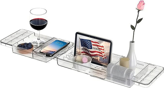 Expandable Bathtub Tray,Clear Plastic Anti-Slip Bath Tub Shelf Caddy Tray,Luxury Bathtub & Bathroom Accessories for Relaxing Spa,Suitable for bathtubs with an Internal Width of up to 29.5 inch