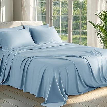 Shilucheng 100% Viscose Derived from Bamboo_ Sheets Queen Size 6pcs - Ultra Cooling & Silky Soft Bed Sheets, 16" Deep Pocket, Perfect for Hot Sleepers, Hotel Bedding Sheets (Teal Blue)