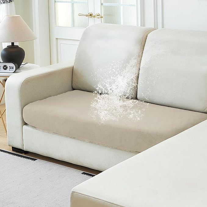 NAISI Waterproof Couch Cushion Covers Thick Velvet Fabric Washable Sofa Slipcovers 1 Piece Individual Sectional Couch Covers with Elastic Bottom(1 PC for 2-Seat Cushion or Loveseat,Light Taupe)