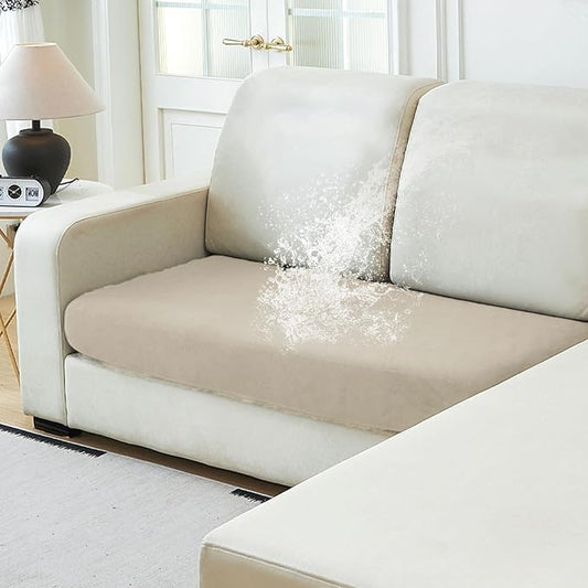 NAISI Waterproof Couch Cushion Covers Thick Velvet Fabric Washable Sofa Slipcovers 1 Piece Individual Sectional Couch Covers with Elastic Bottom(1 PC for 2-Seat Cushion or Loveseat,Light Taupe)