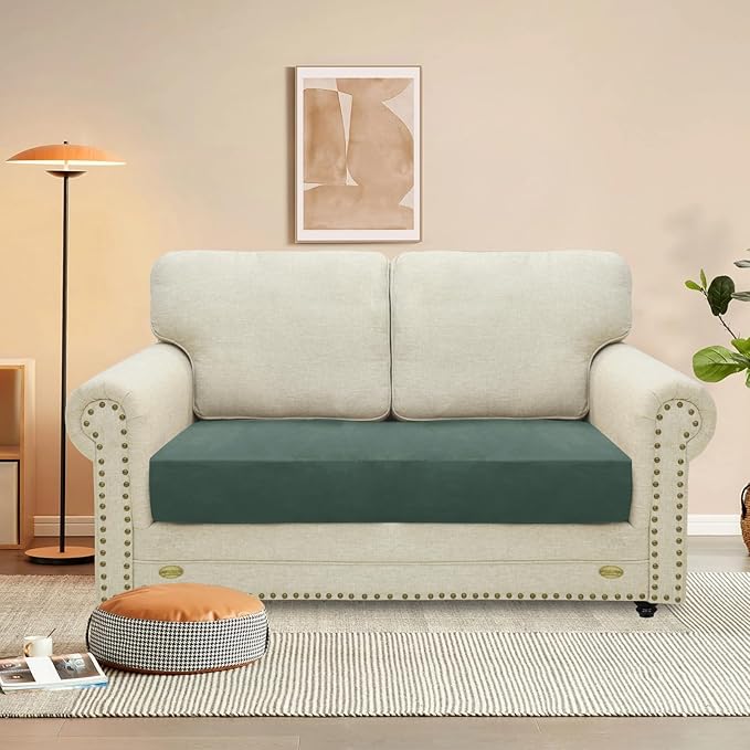 MAXIJIN Velvet Stretch Couch Cushion Covers Soft Loveseat Cushion Cover Replacement Sofa Seat Cushion Slipcovers RV Protector with Elastic Bottom (1 Piece Loveseat Cushion Cover, Pea Green)