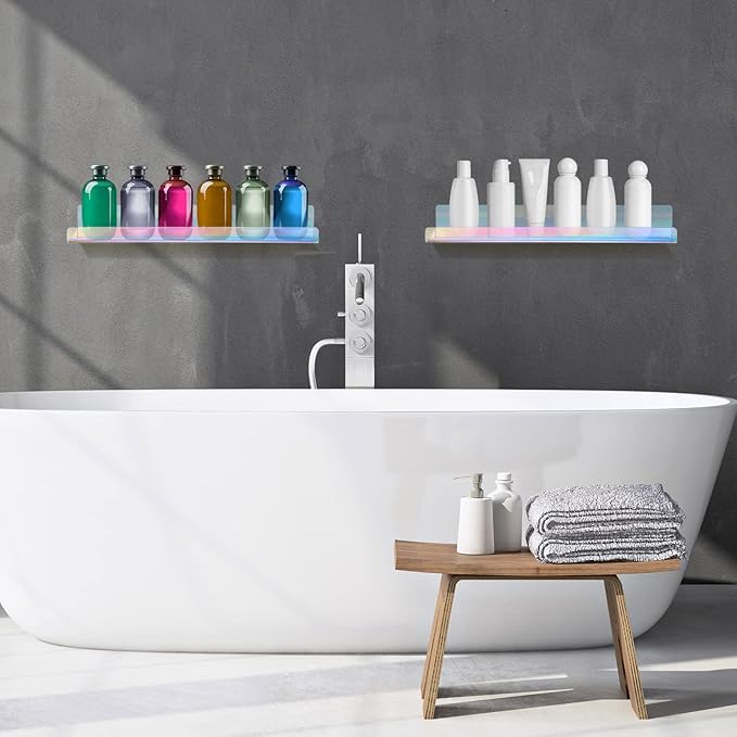 Blulu 8 Packs 14 Inch Acrylic Floating Shelf Wall Mounted Invisible Acrylic Shelf Ledge Floating Bookshelf for Living Room Office Bedroom Bathroom Kitchen Decoration Space Save (Iridescent)