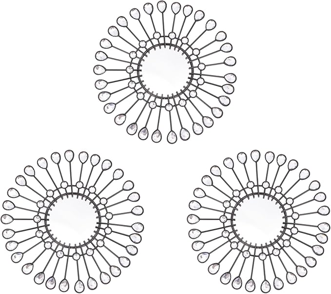 Black Mirrors 3 Piece, Sunburst Mirror Hanging Wall Decor, 9 inch Decorative Mirrors Wall Art, Rhinestone Round Mirror for Bedroom, Christmas, Kitchen, House Warming