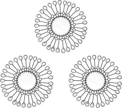 Black Mirrors 3 Piece, Sunburst Mirror Hanging Wall Decor, 9 inch Decorative Mirrors Wall Art, Rhinestone Round Mirror for Bedroom, Christmas, Kitchen, House Warming