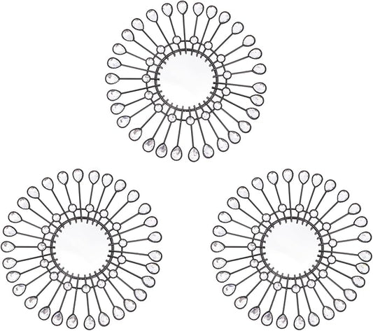 Black Mirrors 3 Piece, Sunburst Mirror Hanging Wall Decor, 9 inch Decorative Mirrors Wall Art, Rhinestone Round Mirror for Bedroom, Christmas, Kitchen, House Warming