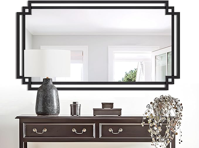 30" x 59" Large Wall Mirror for Decor, Black Decorative Mirror with Irregular and Rectangular Metal Frame, Black Large Bathroom Mirror Above Sink, Hang Vertically or Horizontally