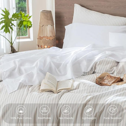 MooMee Bedding Sheet Set 100% Washed Cotton Linen Like Textured Breathable Durable Soft Comfy (Solid Bright White, King)