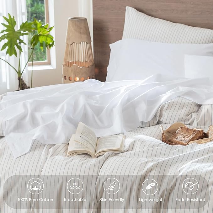 MooMee Bedding Sheet Set 100% Washed Cotton Linen Like Textured Breathable Durable Soft Comfy (Solid Bright White, Full)
