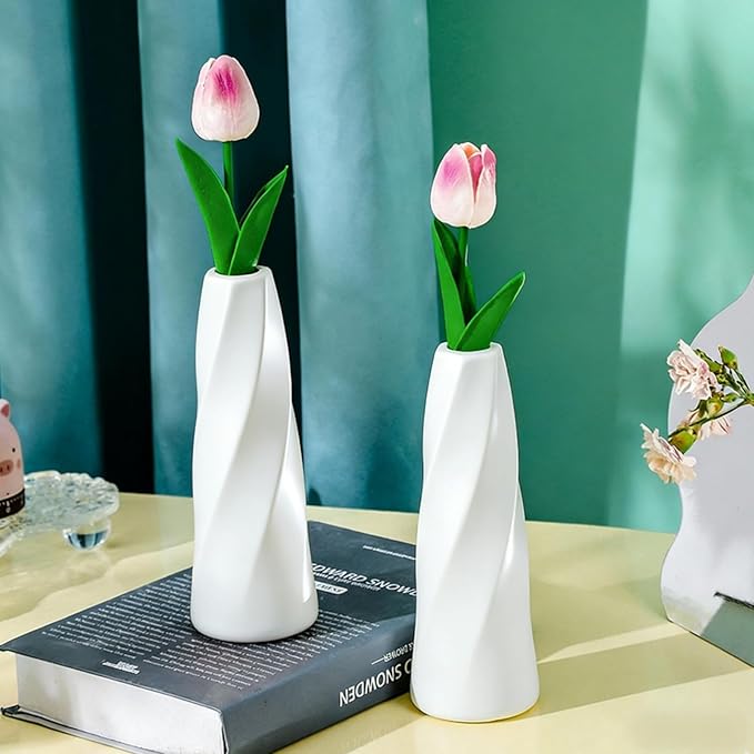 10 Pack White Flower Vases Bulk, 8" Modern Style Vases, Composite Plastic Unbreakable Bud Vase, Tall Conic Floral Vase for Centerpieces Bouquet Home Decor Wedding Party Dinner Table