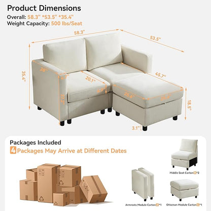 58”Modular Sectional Loveseat Sofa with Storage, Comfy Office L Shaped Sofa Couch, Chenille Love Seat Modular Sectional Couch with Movable Ottoman for Living Room, Bedroom, Beige