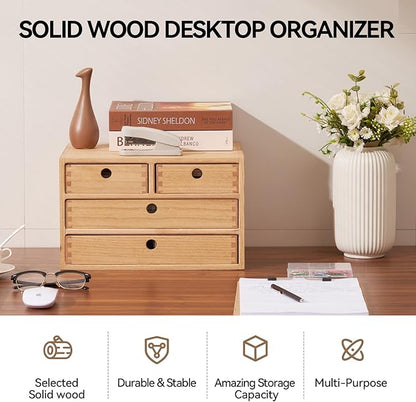 Kirigen Natural Wood Desktop Organizers with Drawers - Home Workspace Office Supplies Wooden Storage Box Shelf Case - Hold Makeup Box (NA, 3-Layer &4 Drawers)
