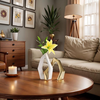 White and Gold Vase Set of 2, Modern Geometric Abstract Ceramic Flower Vase for Centerpieces, TV Stand Decor, Ideal Housewarming or Wedding Gift