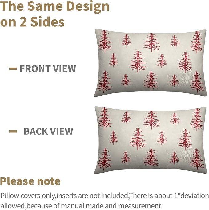 Christmas Tree Lumbar Pillow Covers 12x20 Set of 2 Red Xmas Vintage Winter Print Decorative Outdoor Linen Throw Pillows Cases Cushion Cover Rustic Holiday Decoration Farmhouse Sofa Couch Bed Decor