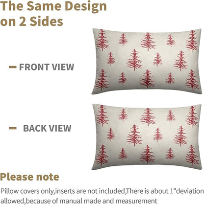 Christmas Tree Lumbar Pillow Covers 12x20 Set of 2 Red Xmas Vintage Winter Print Decorative Outdoor Linen Throw Pillows Cases Cushion Cover Rustic Holiday Decoration Farmhouse Sofa Couch Bed Decor