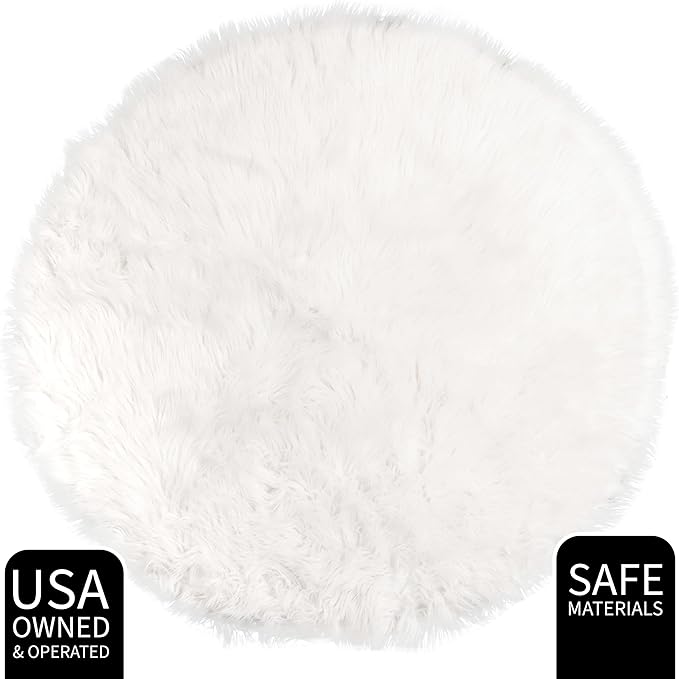 White Fluffy Faux Fur Rug, 5 ft Round – Soft and Cozy Circle Rug for Kids Room, Nursery, Bedroom, or Living Room – Plush Shaggy Carpet for Home Decor