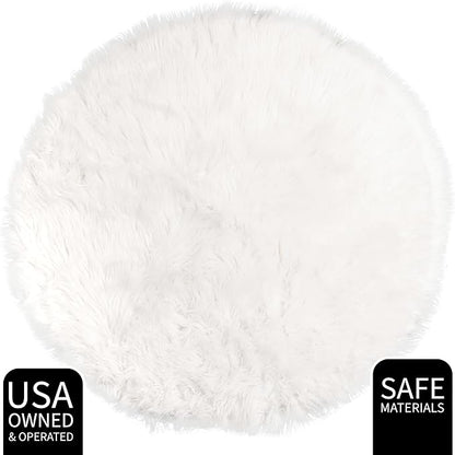 White Fluffy Faux Fur Rug, 5 ft Round – Soft and Cozy Circle Rug for Kids Room, Nursery, Bedroom, or Living Room – Plush Shaggy Carpet for Home Decor