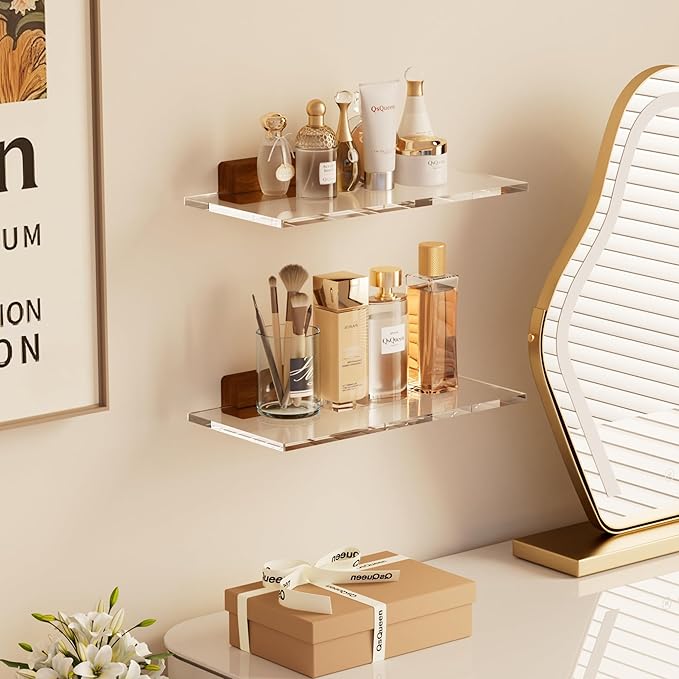 QsQueen Acrylic Floating Shelves with Solid Wood Base, Wall Mounted Shelf for Plants, Perfume, Nail Polish, Bathroom, Bedroom & Living Room Décor