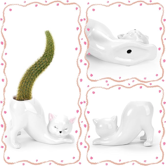 TOIVO Unique Cat Planter Pot，Indoor and Outdoor Plant Displays，Funny Ceramics Cat Flower Pot，Gifts for Cat Lovers，Lovely Office Desk Room Home Decor (White, Small)