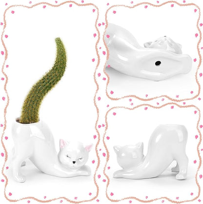 TOIVO Unique Cat Planter Pot，Indoor and Outdoor Plant Displays，Funny Ceramics Cat Flower Pot，Gifts for Cat Lovers，Lovely Office Desk Room Home Decor (White, Small)