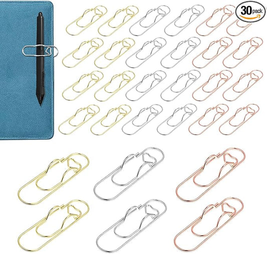 30PCS Metal Pen Clips,Paperclip Pen Holder,Heart Shaped Paper Clip Pen Holder for Notebook,Journal,Planner&Book,Portable Bookmark Paperclip Clip School Office Supplies Accessory(Silver/Gold/Rose Gold)