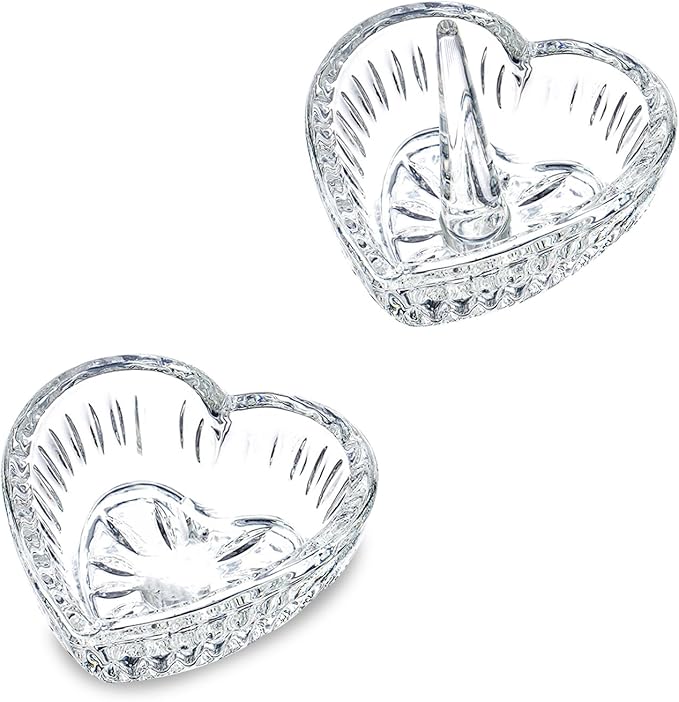 3.1in Crystal Jewelry Tray Set of 2 Heart-shaped Jewelry Dishes Trinkets Ring Tray Home Table Decor Christmas Birthday Wedding Gifts for Women (Clear)