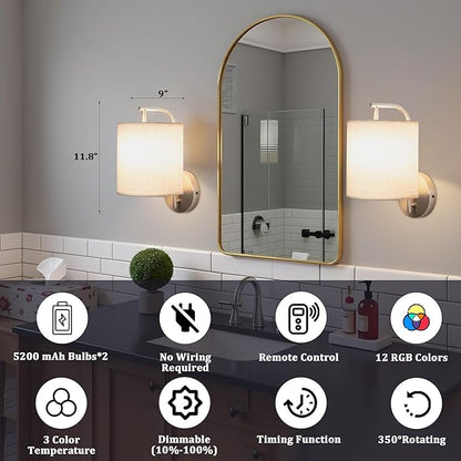 Rechargeable Battery Operated Wall Sconces Set of 2 Wireless Wall Lights with Remote Control 12 RGB Colors Magnetic Bulbs 5200mAh Battery Wireless Sconces for Bedroom Living Room (Silver)