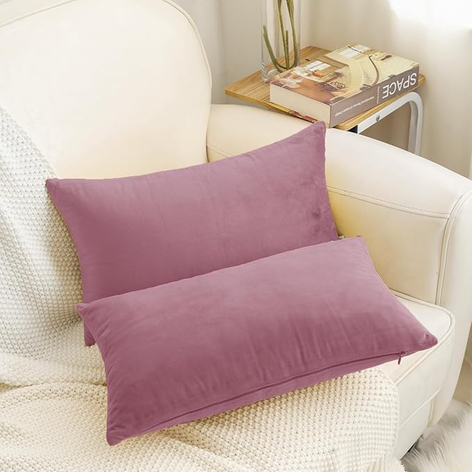 HWY 50 Purple Pink Velvet Rectangular Throw Pillow Covers 12x20 Inch, Pack of 2 Soft Cozy Solid Decorative Luxury Cushion Cases for Couch Sofa Bed Living Room Bedroom